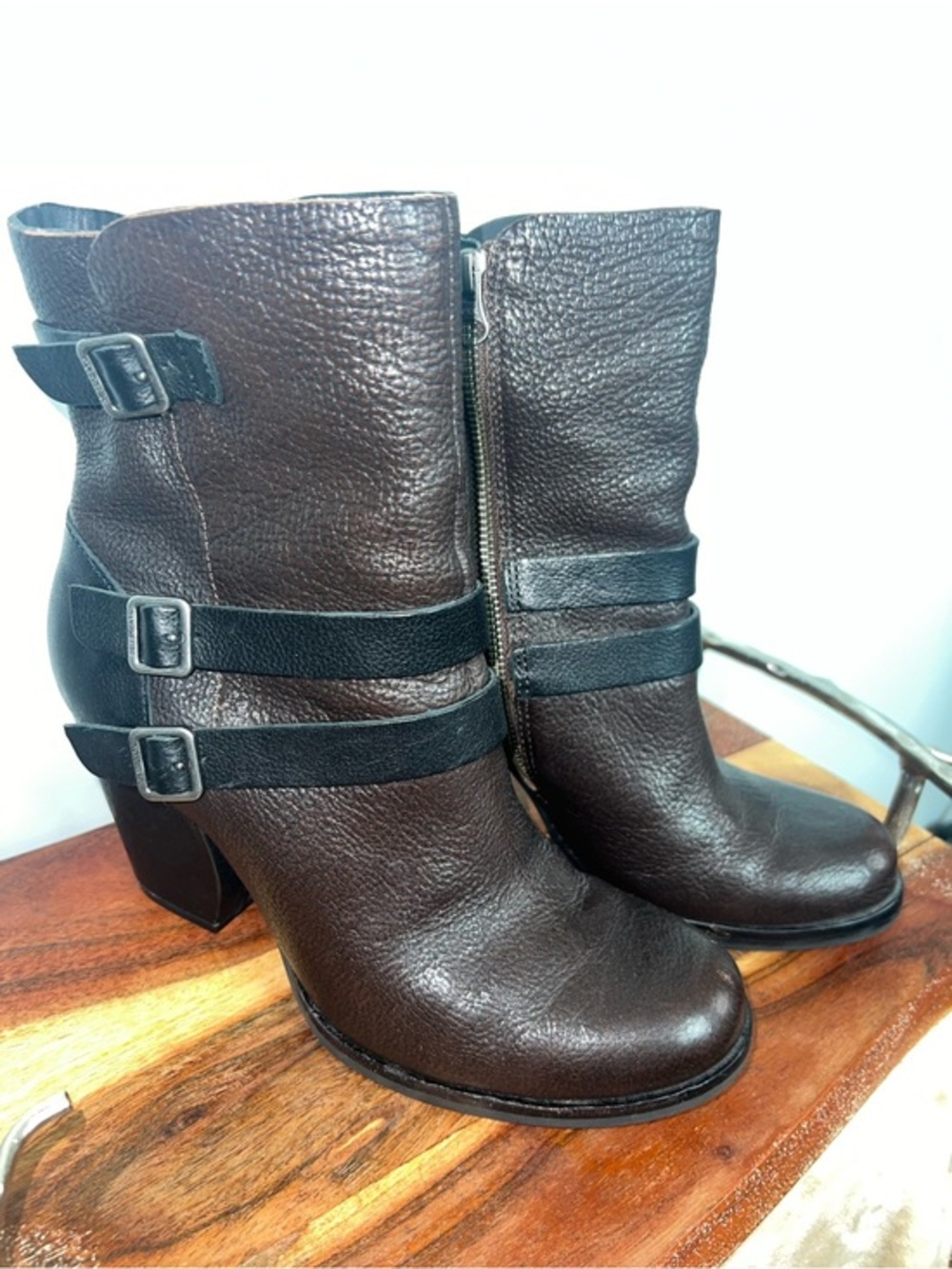 Kork-Ease Brown Leather Triple Buckle Moto Ankle Boots Boho Equestrian 8.5M